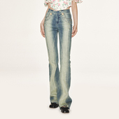 lefame拉飞姆复古宫廷珍珠扣微喇叭型修身 牛仔裤