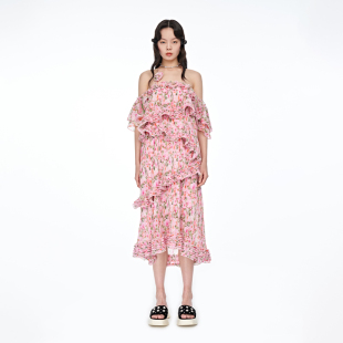 lefame拉飞姆夏季 层叠印花度假珠片绣花仙气优雅连衣裙女