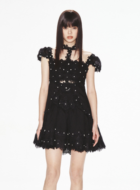 lefame拉飞姆黑色花边休闲度假风连衣裙