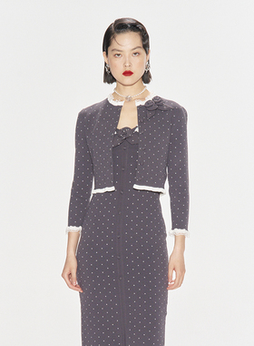 lefame拉飞姆秋季灰色修身波点提花蓄丝边针织开衫