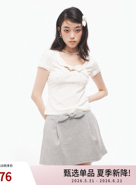 lefame拉飞姆夏新品兔耳朵蝴蝶结钉珠白色短袖T恤上衣女修身型