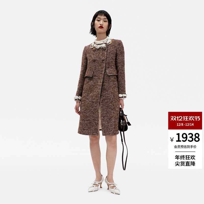 lefame拉飞姆冬季珠链缠绕双排布包扣老钱风咖色大衣