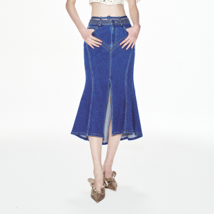 lefame拉飞姆双腰头烫钻鱼尾开叉下摆中长半裙