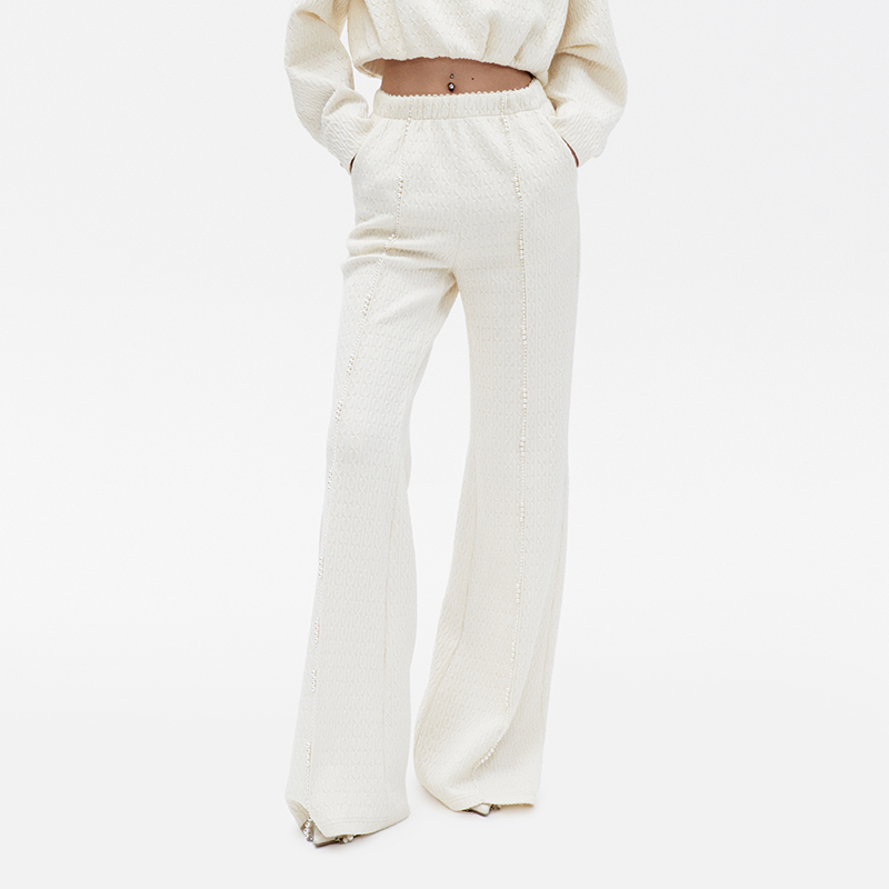 lefame拉飞姆冬季浮雕立体提花米色阔腿长裤