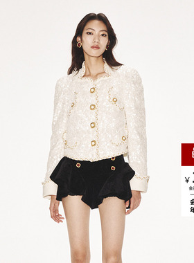 lefame拉飞姆秋冬时尚摩登都会珠片保暖小香风织带羽绒服外套女