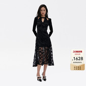 lefame拉飞姆冬季 针梭织两件套黑色网纱连衣裙 中式