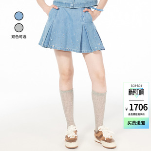 珠饰双腰头烫钻设计牛仔短半裙女 时尚 lefame拉飞姆2026夏季 新款