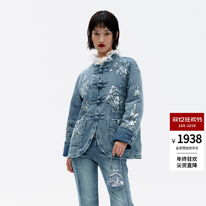 lefame拉飞姆冬季中式亭台楼阁牛仔羽绒服外套女