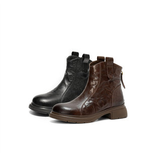 森达休闲靴女2025冬季 羊皮抓纹做旧潮流休闲短皮靴ZTI08DD5 新款