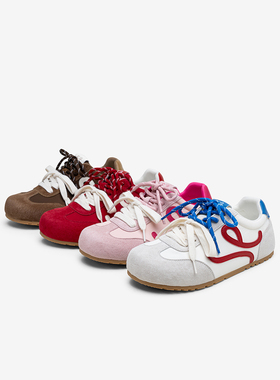 百思图2025秋新款真皮粉色德训鞋复古鸳鸯运动鞋女休闲鞋D3203CM5