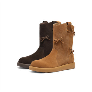 森达废土风西部靴女25冬季 牛皮蝴蝶结厚底烟囱中筒靴ZTI37DZ5 新款