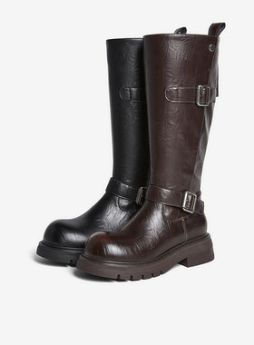 百思图2025冬季新款圆头粗跟骑士靴大筒围显瘦女高筒长靴W2053DG5