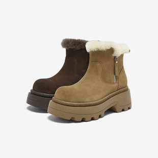 百思图2025冬商场新款 女短靴E5603DD5 厚底加绒加厚雪地靴保暖棉鞋