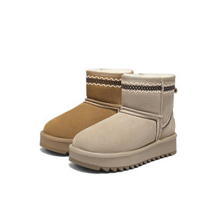 森达牛皮雪地靴棉鞋 女25冬新商场民族风保暖厚底加绒短靴XTE01DD5