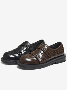 百思图2025秋季商场新款乐福鞋雕花布洛克英伦皮鞋女单鞋D3521CM5