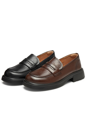 天美意厚底休闲乐福鞋复古单鞋女一脚蹬小皮鞋2024冬新款BK381AA5