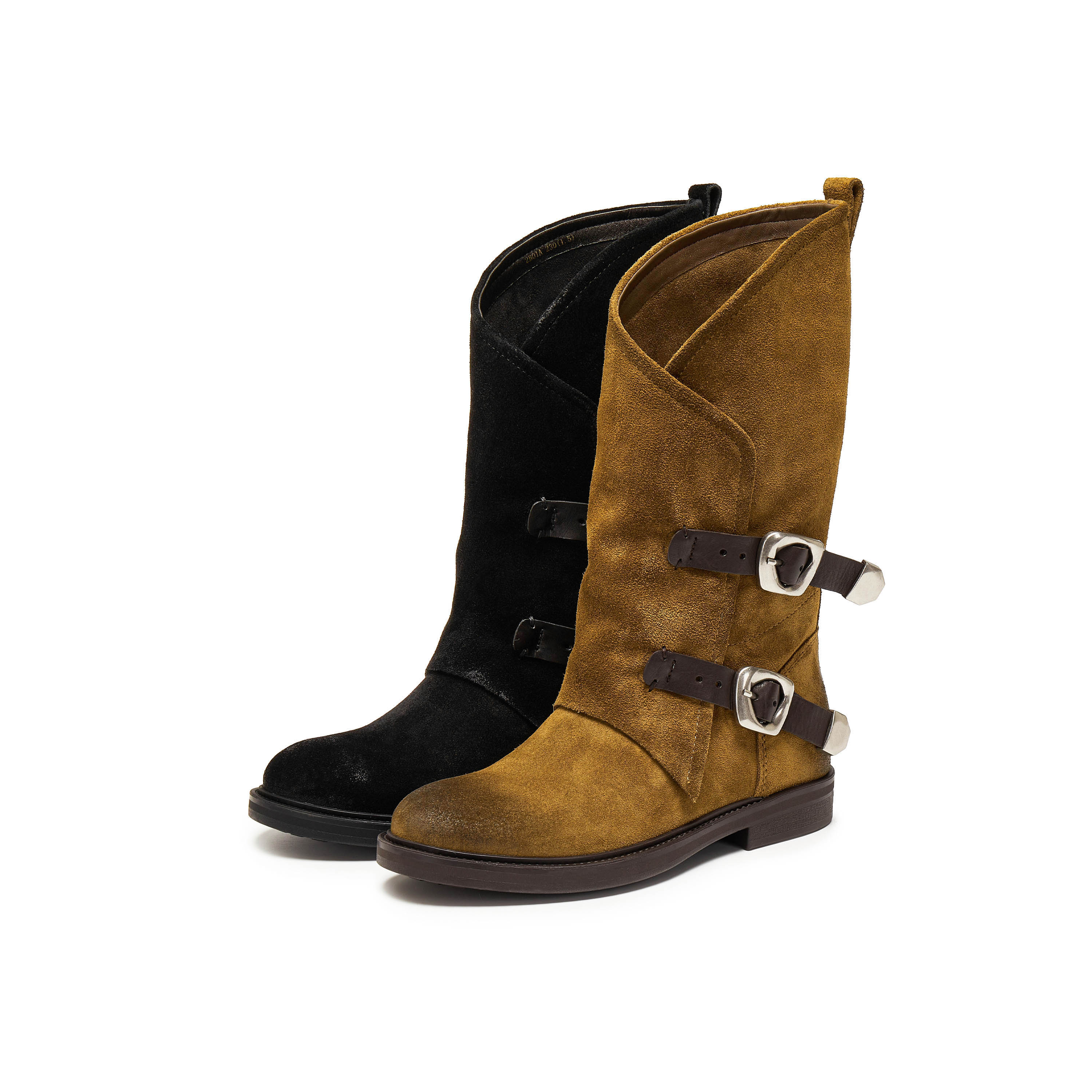 真美诗漫野前行25冬新款双皮带饰扣美拉德中筒靴西部靴女2B01ADG5