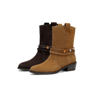 森达牛皮西部靴女25冬商场同款 复古民族风粗跟堆堆靴短靴XVW01DZ5