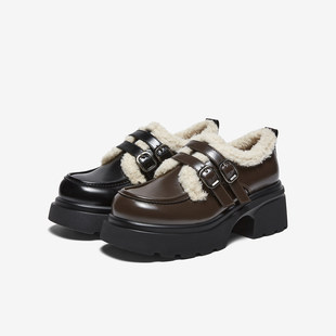 加绒保暖女单鞋 百思图25冬新款 厚底乐福鞋 皮鞋 CM691DM5 英伦牛津鞋