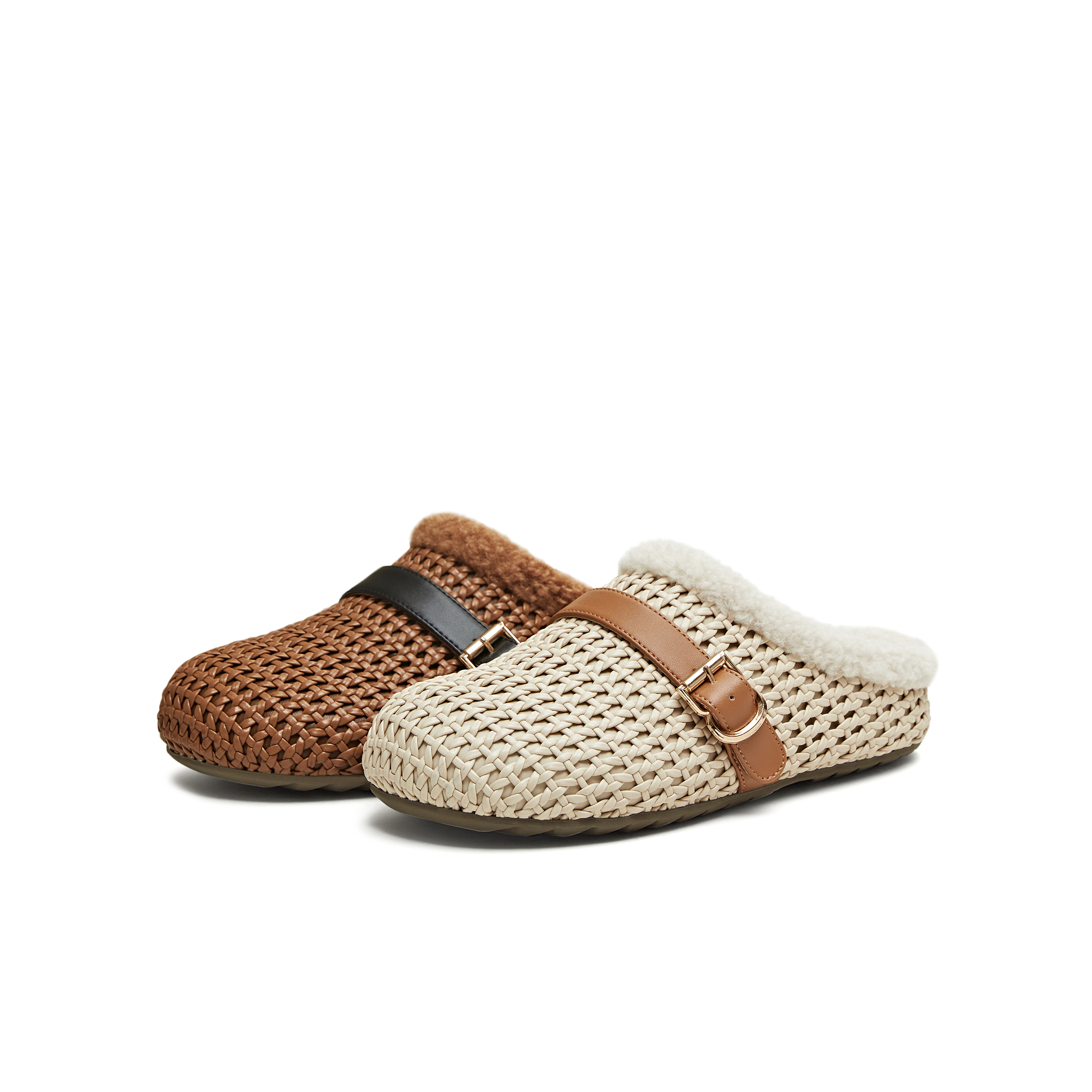 天美意复古厚底勃肯鞋加绒毛毛鞋女包头半拖鞋2025冬新款KK068DH5