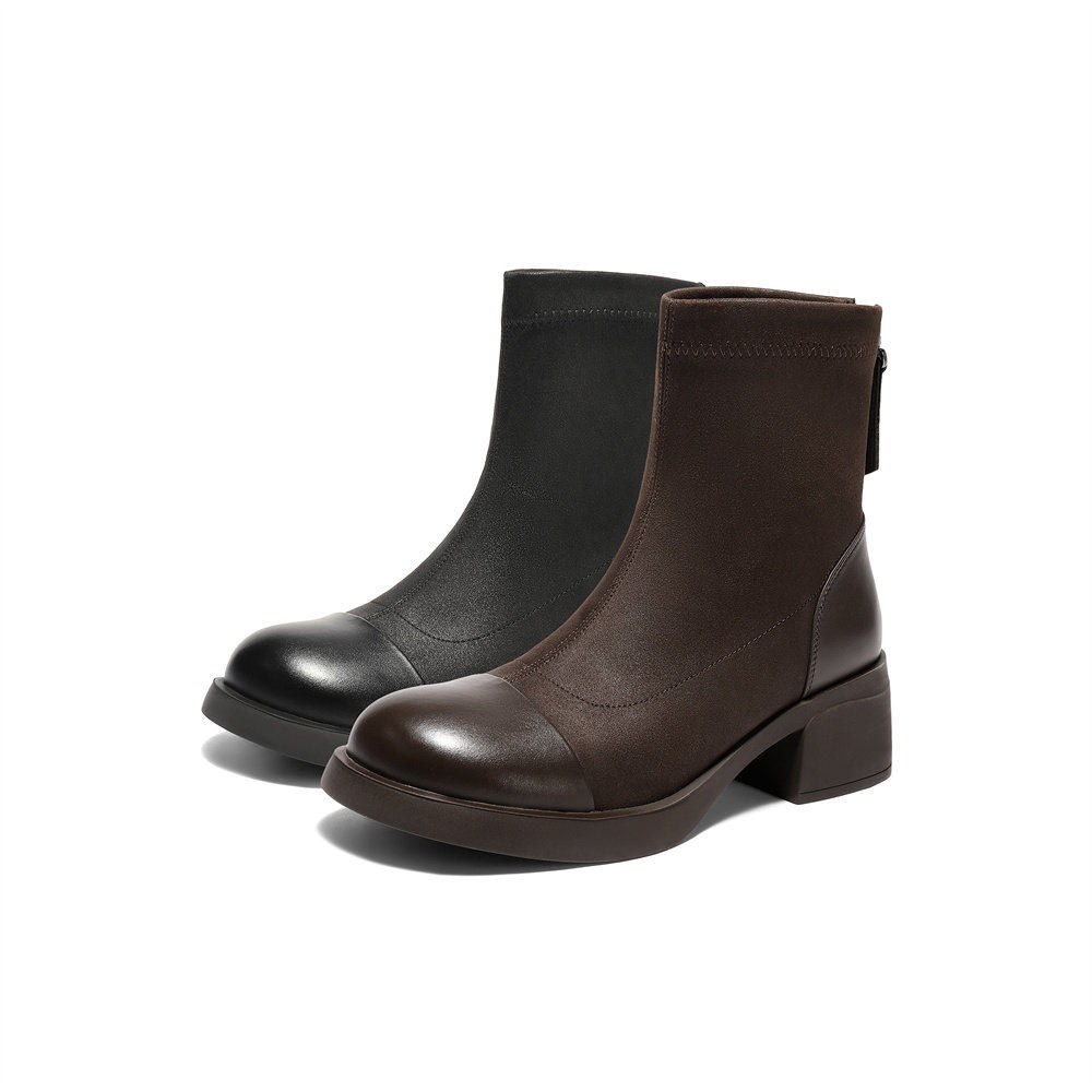 森达弹力靴女2025冬季新款商场同款经典舒适弹力粗跟短靴XSY01DD5