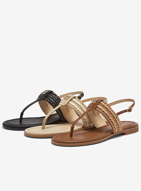 百思图香港25夏新款羊皮一字带夹趾女草编平底罗马凉鞋C2107BL5