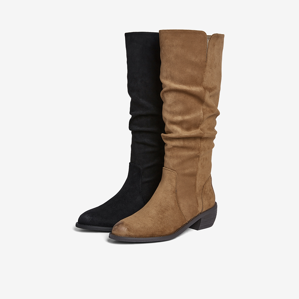 百思图2025冬季新款尖头粗跟堆堆靴大筒围女美拉德长靴B2772DG5