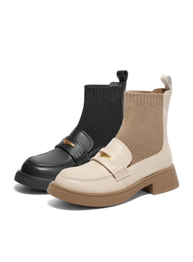 百丽Belle女鞋子乐福鞋短靴袜靴子24冬季真皮黑色小皮鞋B8T1DDD4