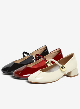百思图2025秋季新款牛皮白色玛丽珍鞋皮鞋粗跟红色女单鞋RD21RCQ5