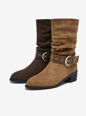 百思图2025冬季商场新款扣带粗跟西部靴堆堆靴女高筒长靴F5312DS5