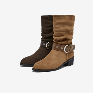 百思图2025冬季 扣带粗跟西部靴堆堆靴女高筒长靴F5312DS5 商场新款