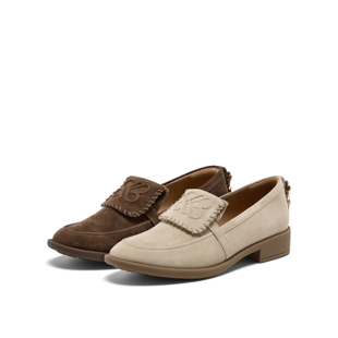 真美诗暂停键25秋羊皮虎眼石复古翻盖方圆头粗跟乐福鞋女YZK06CA5