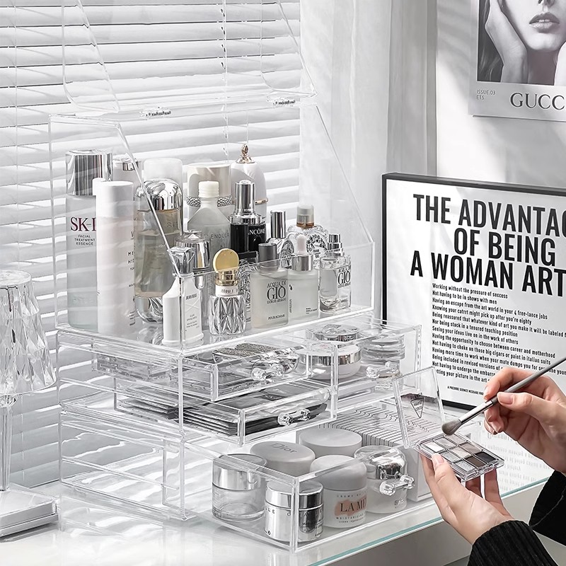 化妆品收纳盒高级感梳妆台防尘护肤品置物架桌面大容量亚克力箱子