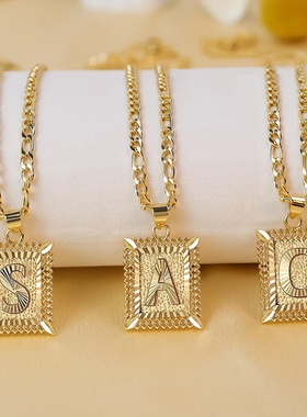 跨境热销饰品NK链男士英文26字母吊坠配饰方形镂空情侣字母项链女