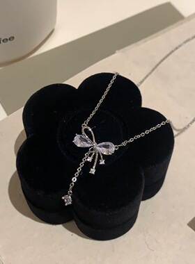 S925纯银蝴蝶结流苏锁骨链女