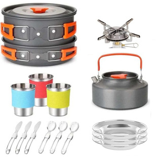 子户外套锅组合310套锅盘式炉头不锈钢杯加杯套*3餐具2件套加盘子
