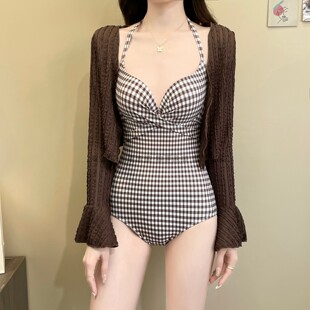 罩衫 性感格子连体长袖 两件套聚拢高级感泡温泉 爆款 泳衣女2026新款