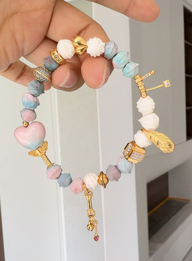 天然稀有色粉绿松石百香籽屁桃爱心手链手串送女友闺蜜生日礼物