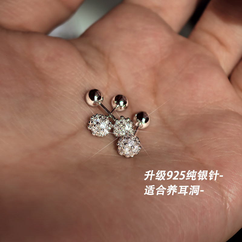 潮普纯银针闪钻耳钉女螺丝拧