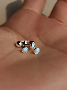 独特蓝色欧泊耳骨钉女纯银针螺丝拧养耳洞迷你简约圆形极小耳钉