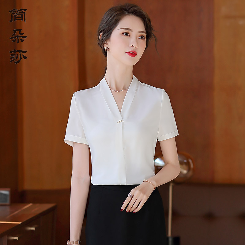 时尚韩版V领雪纺工作服短袖上衣