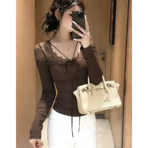 蕾丝大V领性感纯欲T恤修身美拉德