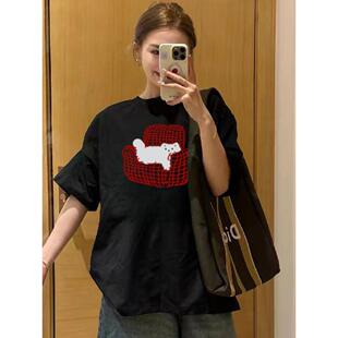 纯棉短袖 宽松半袖 t恤女2026新款 黑色正肩设计感美式 上衣 爆款 夏季