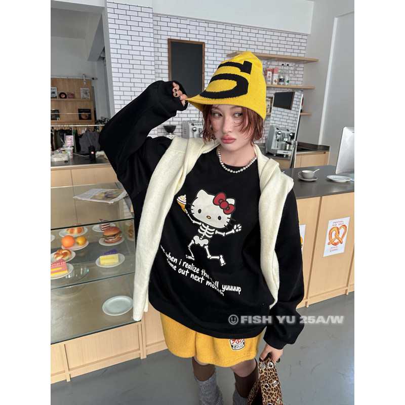 2025秋冬新款卫衣女圆领跳舞Kitty印花趣味减龄加绒复古潮流长袖,女装/女士精品,大码内搭,淘宝优惠券,粉丝福利购,淘宝优惠卷