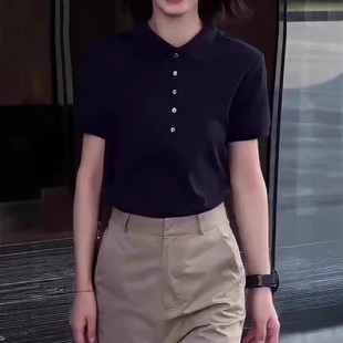 显瘦藏蓝色休闲上衣潮 大码 纯棉正肩短袖 polo领t恤女夏季 2025新款