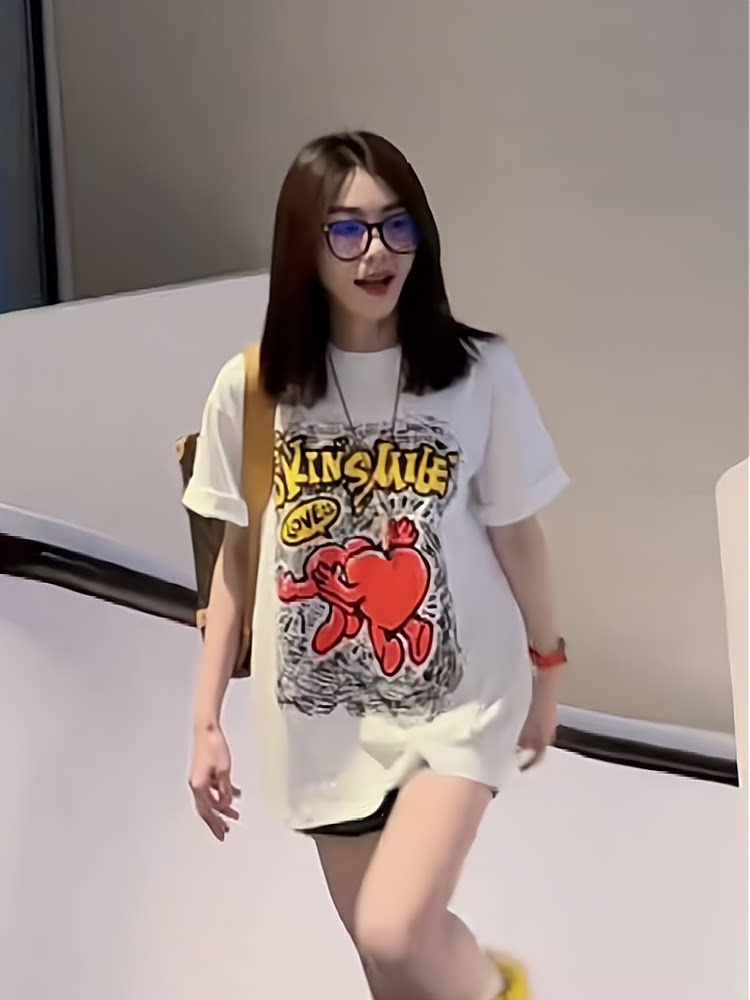 美式复古白色印花中长款短袖女夏季韩版宽松圆领t恤半袖上衣潮
