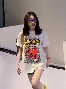 美式复古白色印花中长款短袖女夏季韩版宽松圆领t恤半袖上衣潮