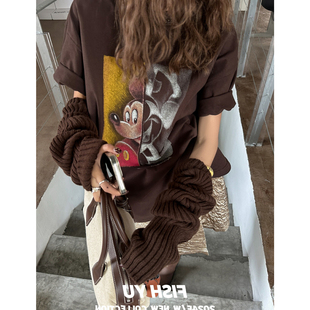 复古重磅潮牌情侣短袖 T恤女2025圆领卡通拼色印花美式 新款 夏季