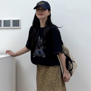 高级感穿搭体恤上衣 美式 复古圆领简约纯棉短袖 t恤女2025夏季 新款