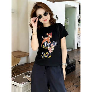 美式复古超火纯棉短袖恤2026夏季女装新款卡通小鹿斑比印花上衣
